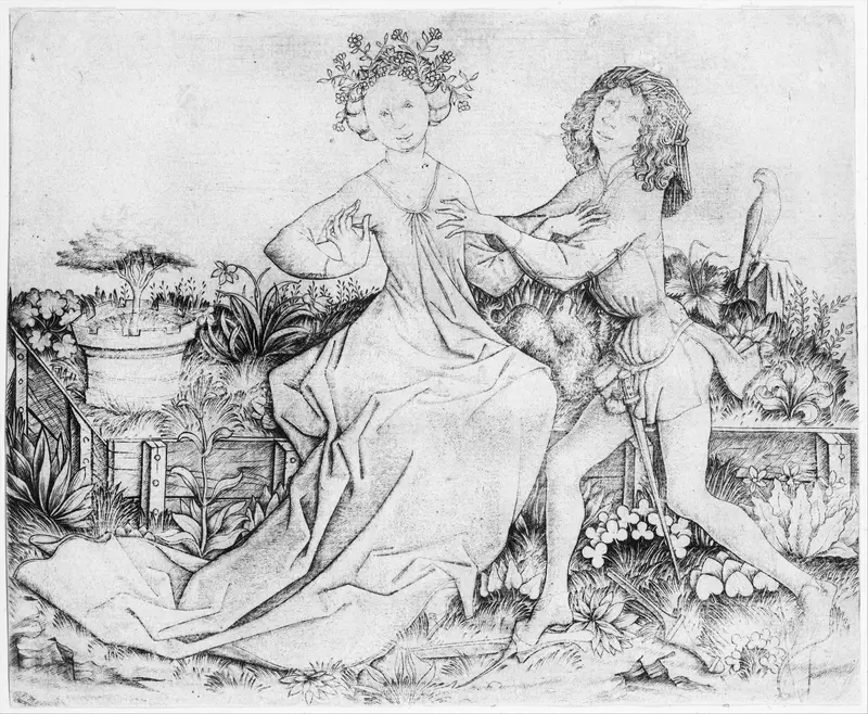 Pair of Lovers on a Grassy Bench