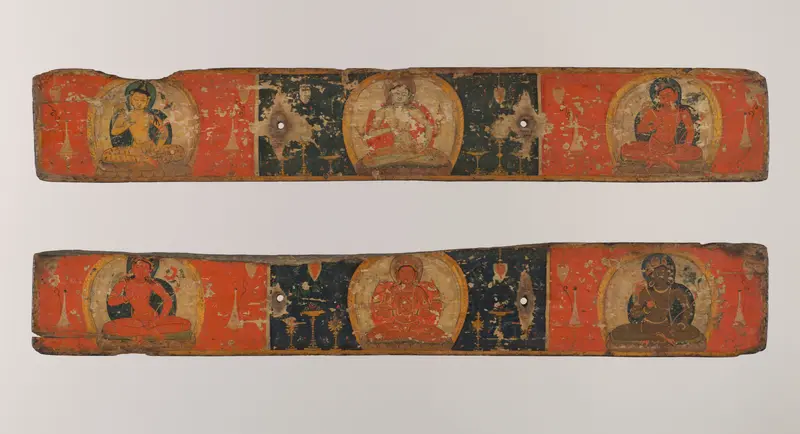 Pair of Manuscript Covers: Prajnaparamita Flanked by Bodhisattvas (above); Vajrasattva(?) Flanked by Bodhisattvas (below) Wall Art by Unknown - High-Resolution Digital Print