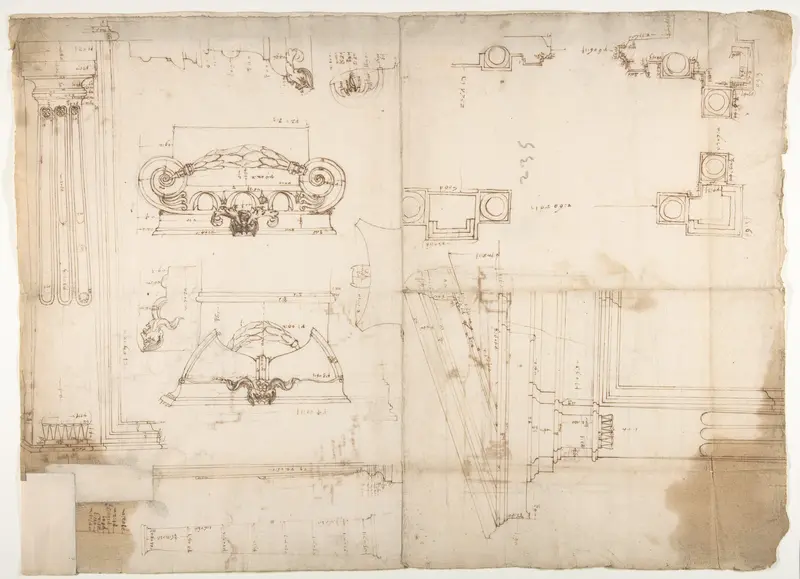 Palazzo dei Conservatori, portico, plan; portal, elevation; details, elevations (recto) Palazzo dei Conservatori, portico, elevation; details, profiles (verso)