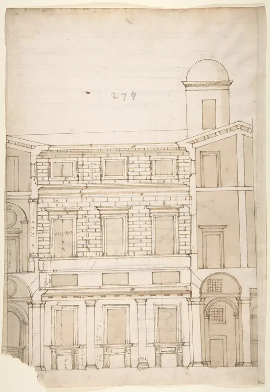Palazzo Massimo alle Colonne, cortile, section (recto) Palazzo Massimo alle Colonne , first story loggia entablature, profile section and column shaft (verso)