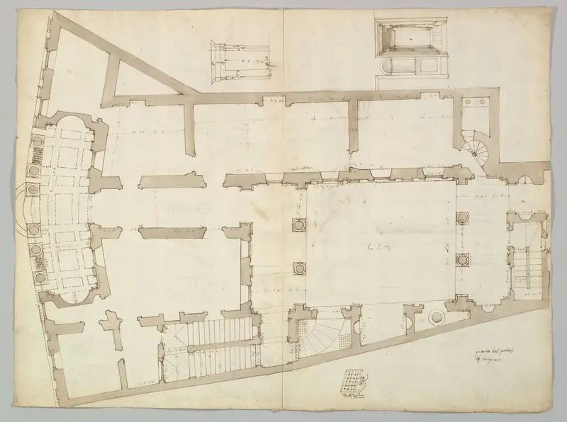 Palazzo Massimo alle Colonne, plan (recto); Palazzo Massimo alle Colonne, façade, details and fireplace (verso)