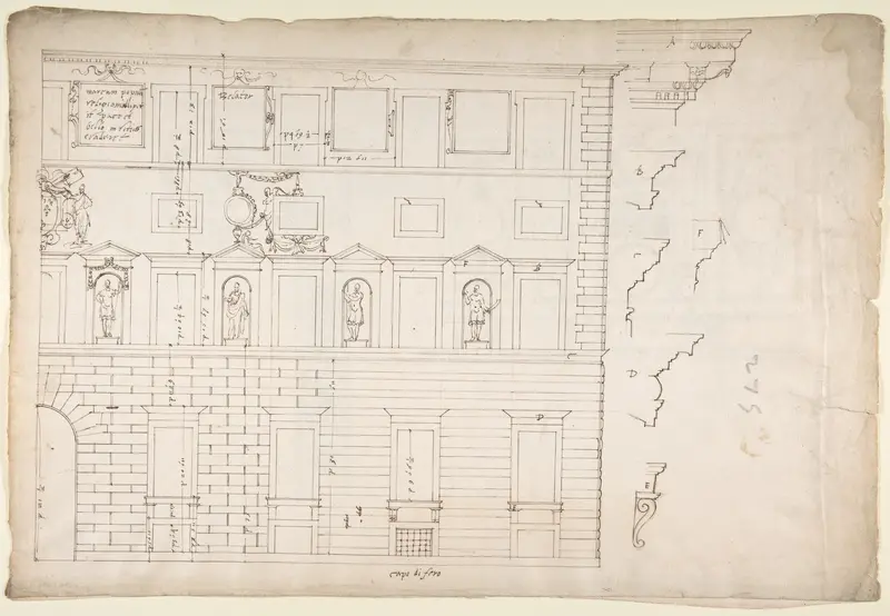 Palazzo Spada (Capodiferro), right half, elevation; details profiles (recto) Wall, interior, elevation; ceiling, interior, plan (verso)