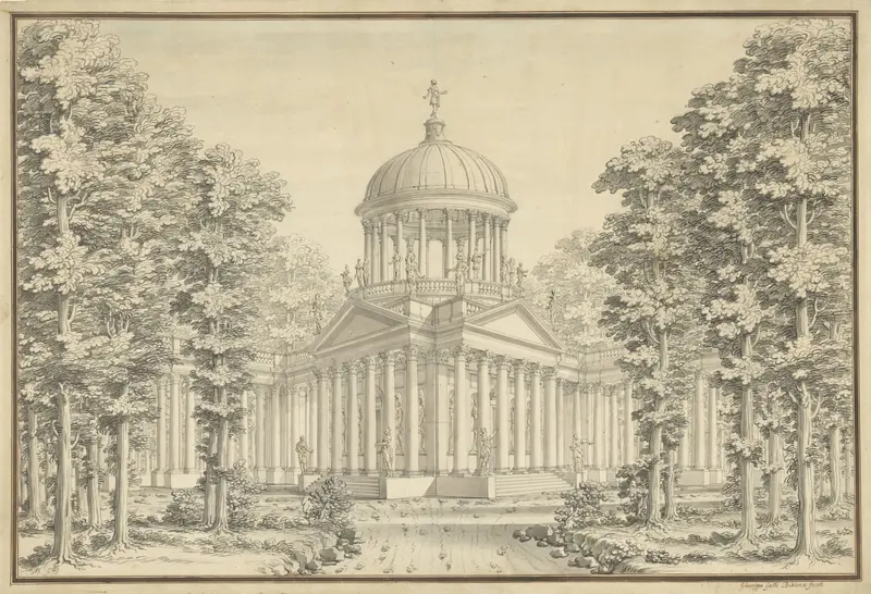 Paleis met open koepel op kolommen en met vele beelden Wall Art by Giuseppe Galli Bibiena - High-Resolution Digital Print