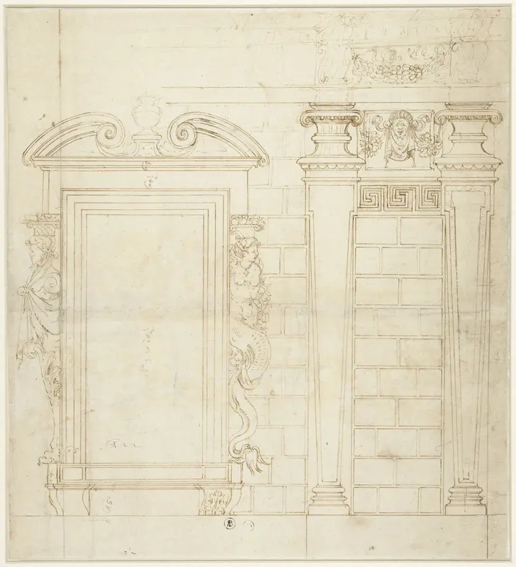 Paleisfaçade met monumentale zuilenstelling boven rustica onderbouw Wall Art by anonymous - High-Resolution Digital Print
