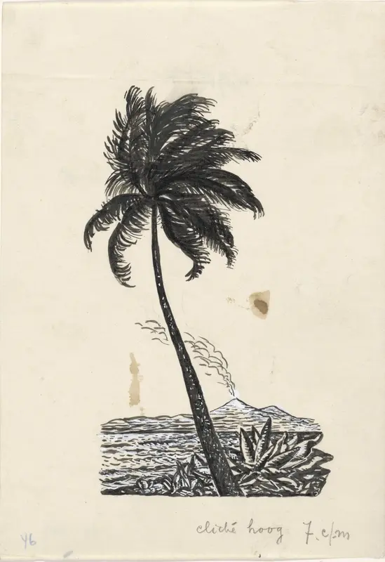 Palmboom met op de achtergrond een eiland met een vulkaan Wall Art by Leo Gestel - High-Resolution Digital Print