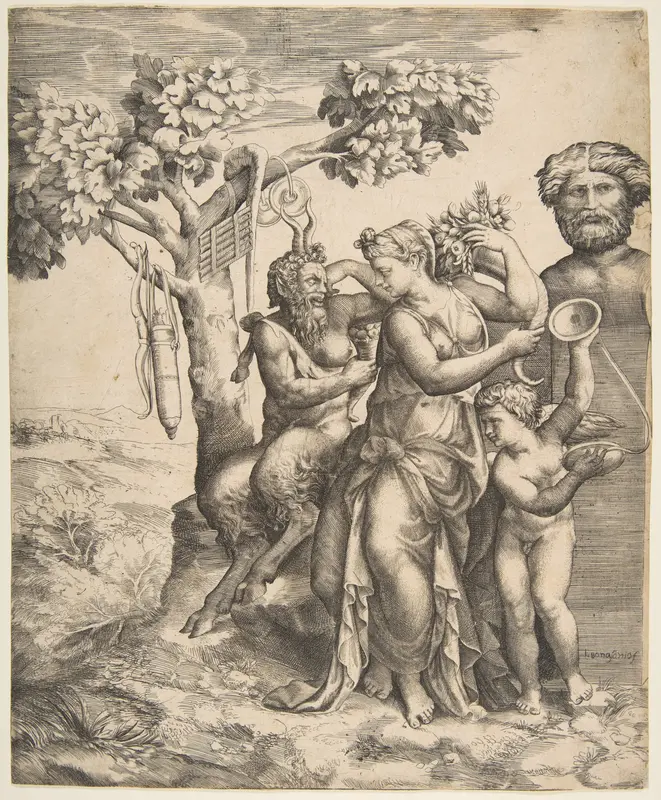 Pan at the left seated next to a standing nymph, to the right Cupid holding cymbals Wall Art by Giulio Bonasone - High-Resolution Digital Print