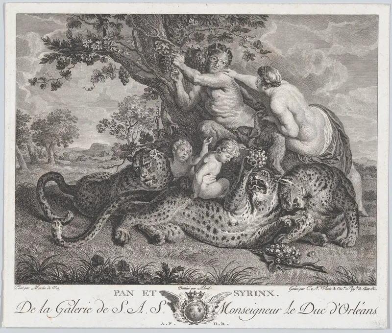 Pan picking grapes while Syrinx grabs his shoulder, with three leopards and two putti below them Wall Art by Charles Nicolas Varin - High-Resolution Digital Print