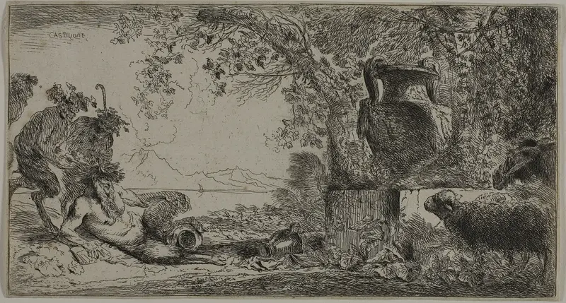 Pan Reclining before a Large Vase Wall Art by Giovanni Benedetto Castiglione - High-Resolution Digital Print