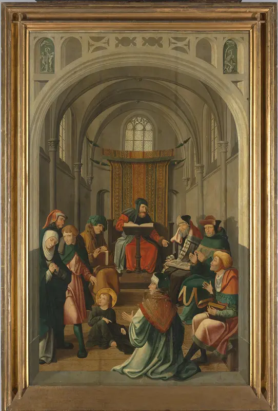 Paneel van een altaarstuk met Jezus lerende in de tempel en de verschijning aan Maria Wall Art by Unknown - High-Resolution Digital Print