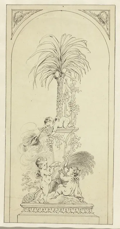 Paneelvulling met drie putti en palmboom Wall Art by Johannes van Dregt - High-Resolution Digital Print