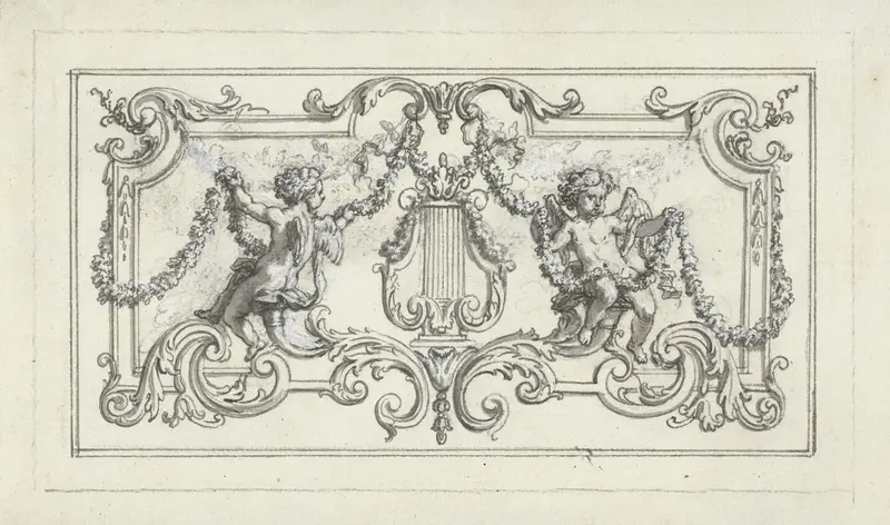 Paneelvulling met putti met guirlandes ter weerszijden van een lier Wall Art by Bernard Picart - High-Resolution Digital Print