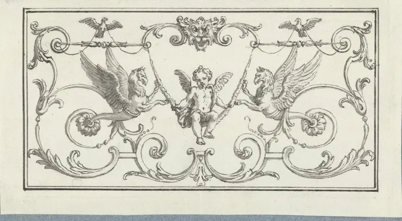 Paneelvulling met schommelende putto tussen hybride dieren Wall Art by Bernard Picart - High-Resolution Digital Print