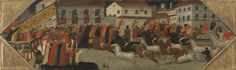 Panel from a Cassone: The Race of the Palio in the Streets of Florence Wall Art by Giovanni Francesco Toscani - High-Resolution Digital Print