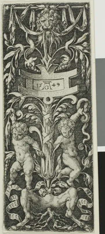 Panel of Ornament with Two Nude Boys Standing on the Legs of a Satyr