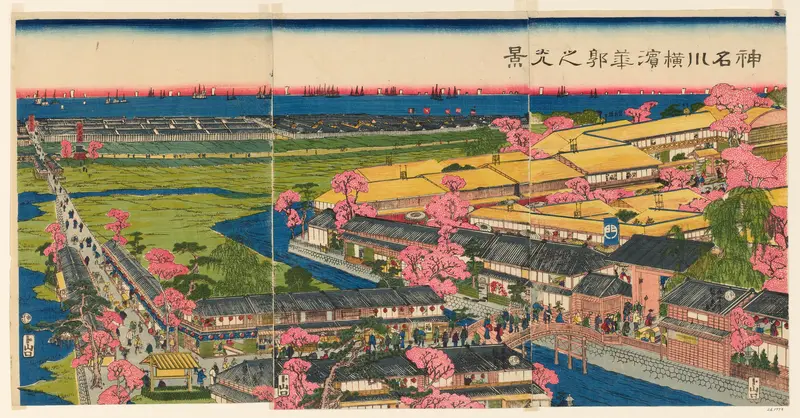 Panoramic View of the Pleasure Quarters in Yokohama, Kanagawa (Kanagawa Yokohama hanakuruwa no kokei) Wall Art by Utagawa Sadahide - High-Resolution Digital Print