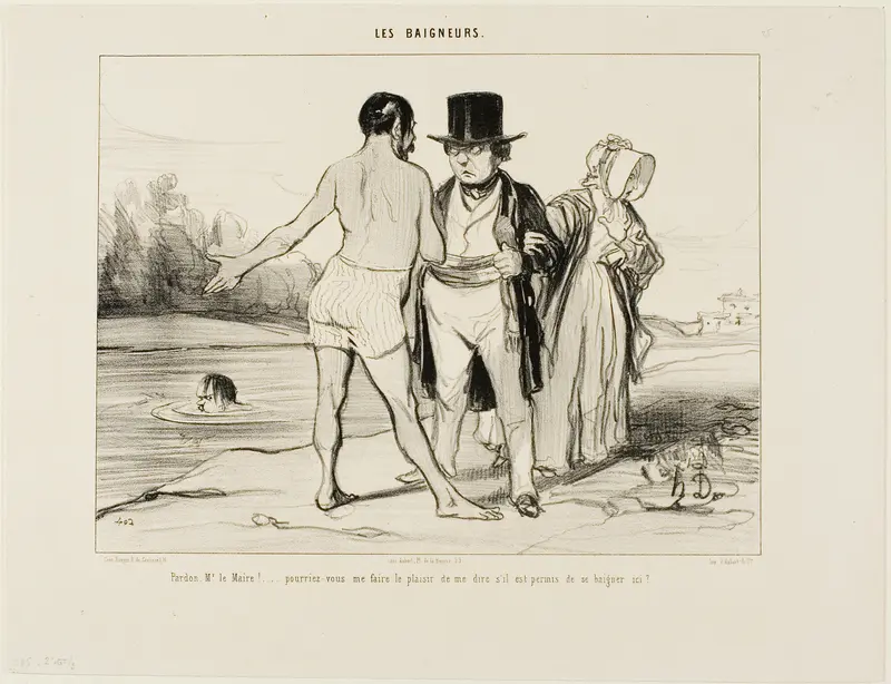 “Pardon me, Mayor.... would you please be so kind to tell me whether swimming is allowed here?,” plate 25 from Les Baigneurs