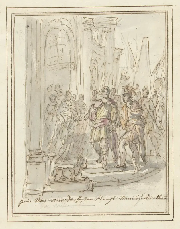 Paris wordt verwelkomd aan het hof van Menelaüs Wall Art by Elias van Nijmegen - High-Resolution Digital Print