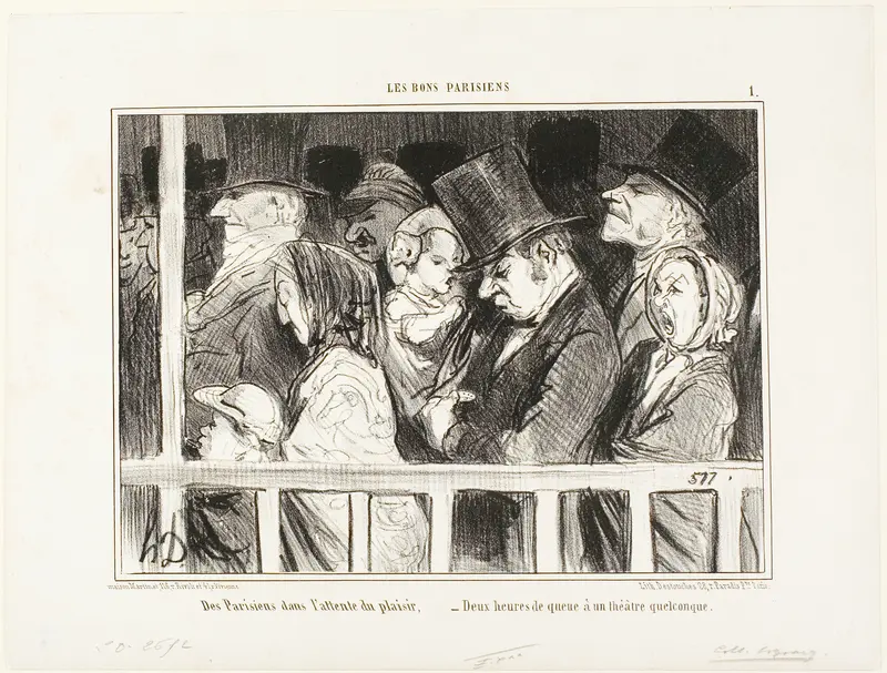 Parisians looking forward to some fun. Queuing up for two hours in front of any theater in town, plate 1 from Les Bons Parisiens