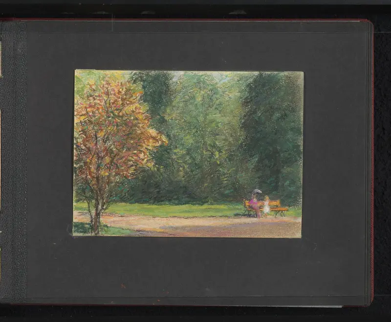 Park met bomen en een vrouw met kind op een bankje Wall Art by Carel Nicolaas Storm van 's-Gravesande - High-Resolution Digital Print