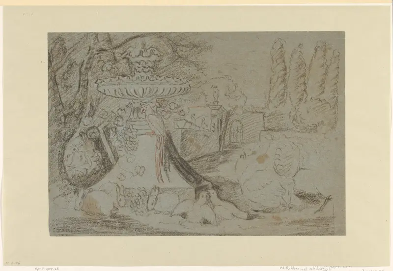 Park met een fontein met verschillende dieren Wall Art by Unknown - High-Resolution Digital Print