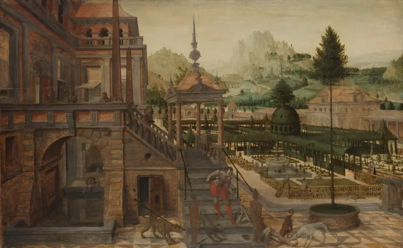 Parkaanleg bij een paleis met op de voorgrond de arme Lazarus Wall Art by Hans Vredeman de Vries - High-Resolution Digital Print