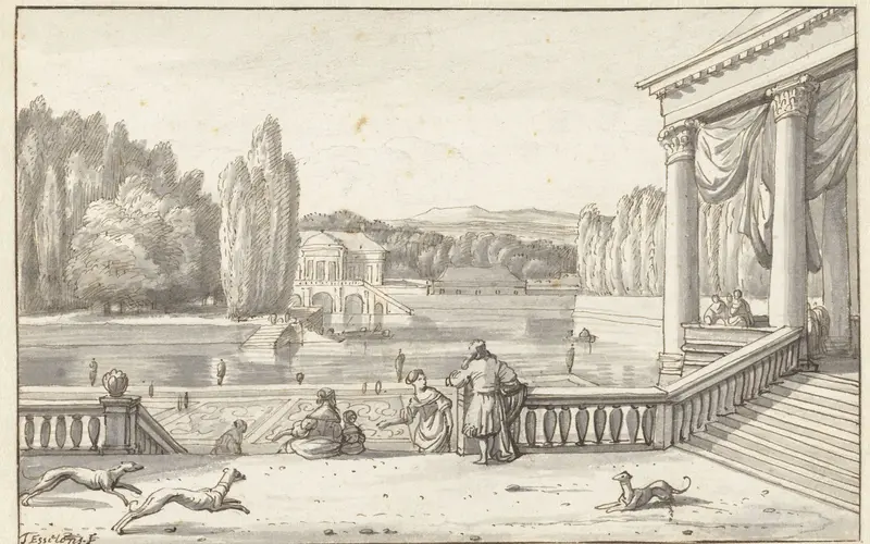 Parkgezicht met figuren en honden op een terras Wall Art by Unknown - High-Resolution Digital Print