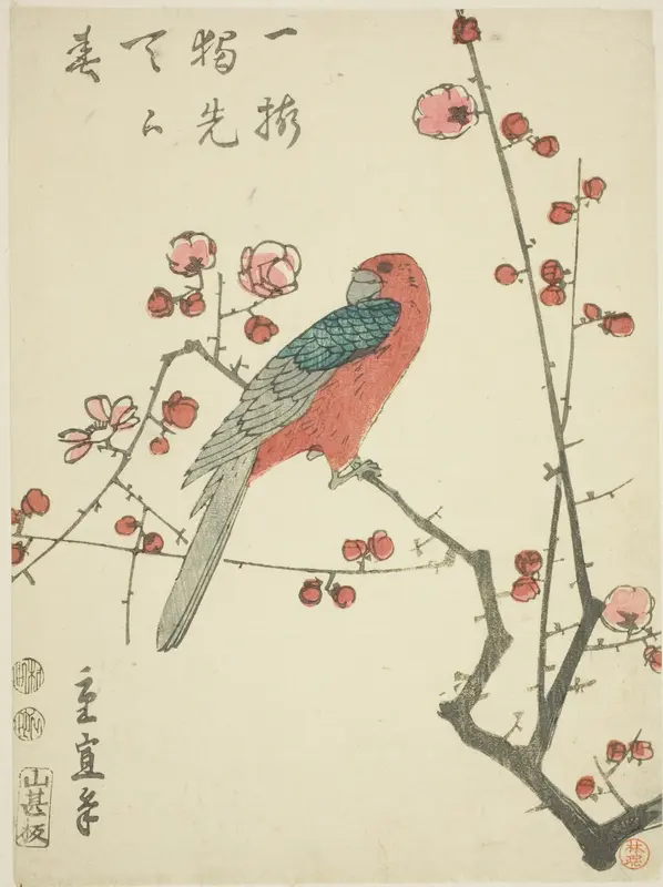 Parrot on plum branch