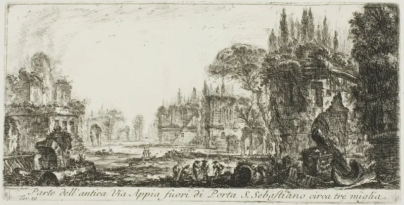 Part of the ancient Appian Way about three miles outside Porta S. Sebastiano, plate 19 from Some Views of Triumphal Arches and other monuments Wall Art by Giovanni Battista Piranesi - High-Resolution Digital Print