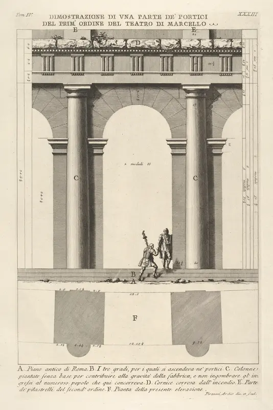 Partial elevation and plan of the first-order portico at the Theater of Marcellus (Dimostrazione di una parte de' portici del prim' ordine del Teatro di Marcello), from "Le Antichità Romane" Wall Art by Giovanni Battista Piranesi - High-Resolution Digital Print