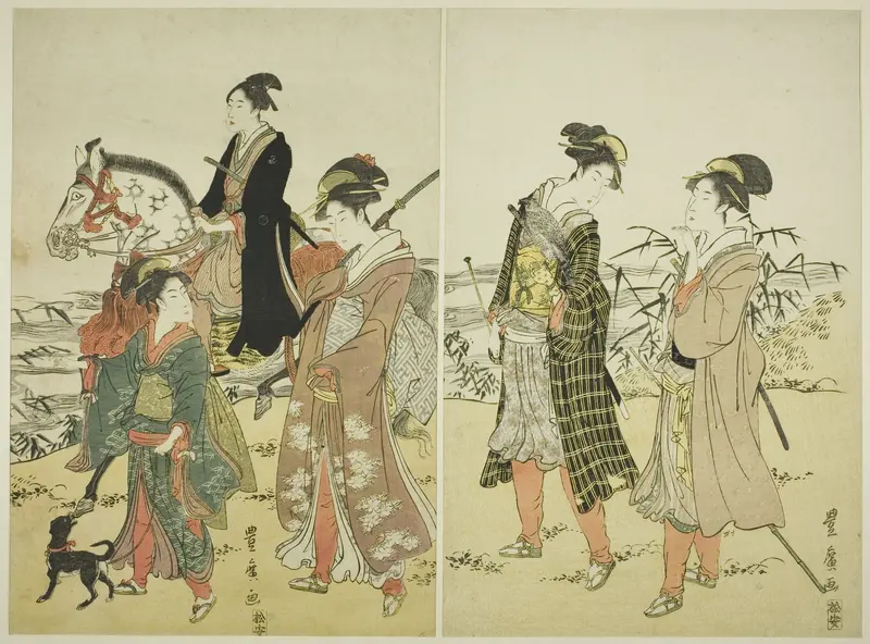 Party of falconers near river