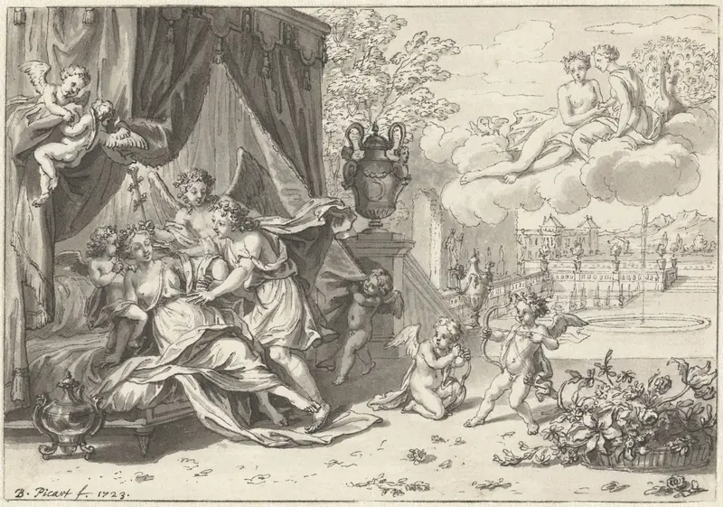 Pasgetrouwd paar door amors naar huwelijksbed geleid Wall Art by Bernard Picart - High-Resolution Digital Print