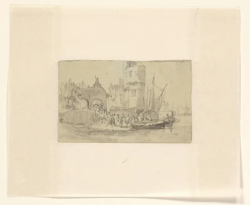 Passagiers verlaten beurtschip bij een stadsmuur Wall Art by Hendrik Schaap - High-Resolution Digital Print