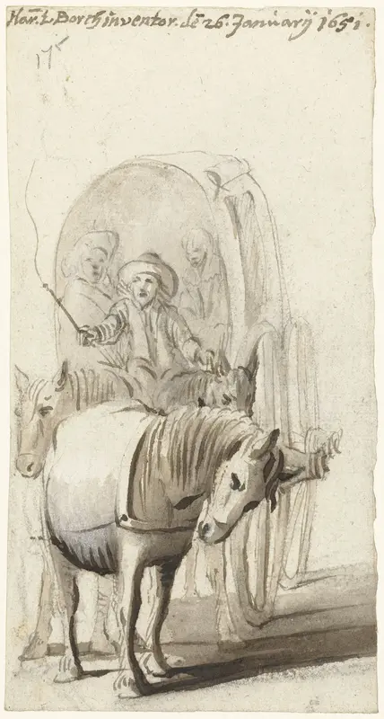 Passagierskoets getrokken door drie paarden, van voren Wall Art by Unknown - High-Resolution Digital Print