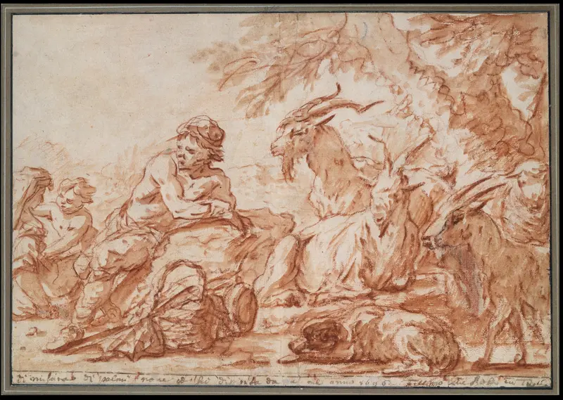 Pastoral Scene: A Herdsman and His Family, with Goats Wall Art by Philipp Peter Roos - High-Resolution Digital Print