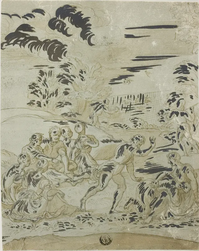 Pastoral Scene: Men Hunting Birds, Couples Seated on Ground Wall Art by Bernard van Orley - High-Resolution Digital Print