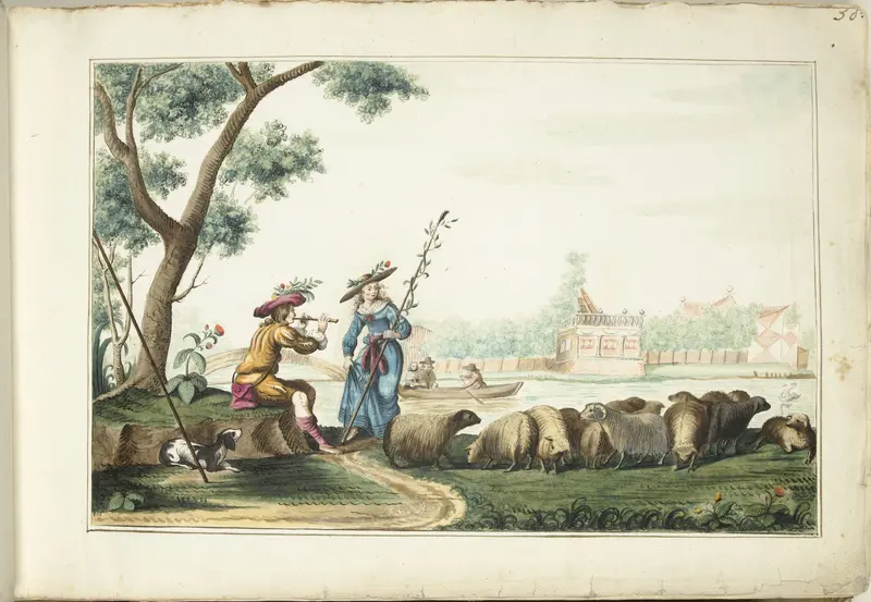 Pastorale voorstelling aan een rivier Wall Art by Unknown - High-Resolution Digital Print