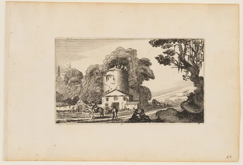 Path Before Farm Dominated by a Round Tower, from Twelve landscapes with Figures Wall Art by Gillis van Scheyndel - High-Resolution Digital Print