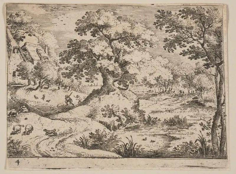 Path by a Swamp: Sheepdog and Sheep, from Landscapes Wall Art by Jacob Savery, I - High-Resolution Digital Print