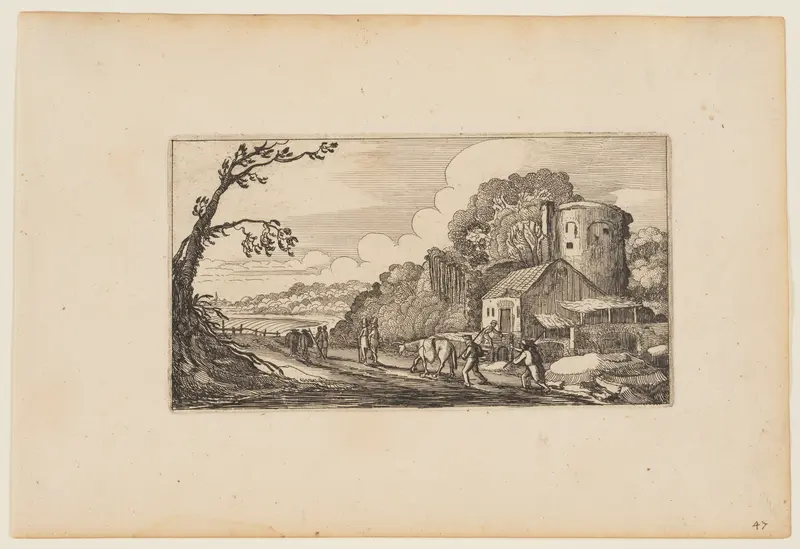 Path to Left of a Farm Dominated by a Round Tower, from Twelve landscapes with Figures Wall Art by Gillis van Scheyndel - High-Resolution Digital Print