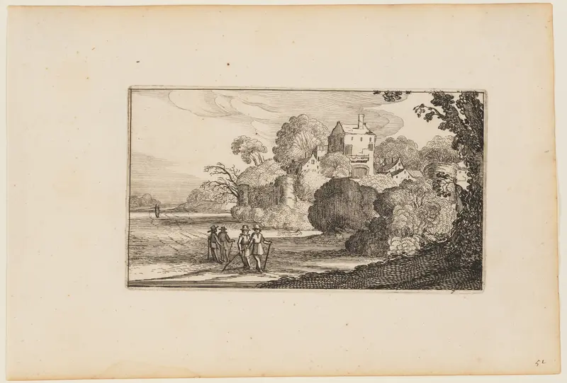 Path to Left of Walled Building Complex Amid Trees, from Twelve landscapes with Figures Wall Art by Gillis van Scheyndel - High-Resolution Digital Print