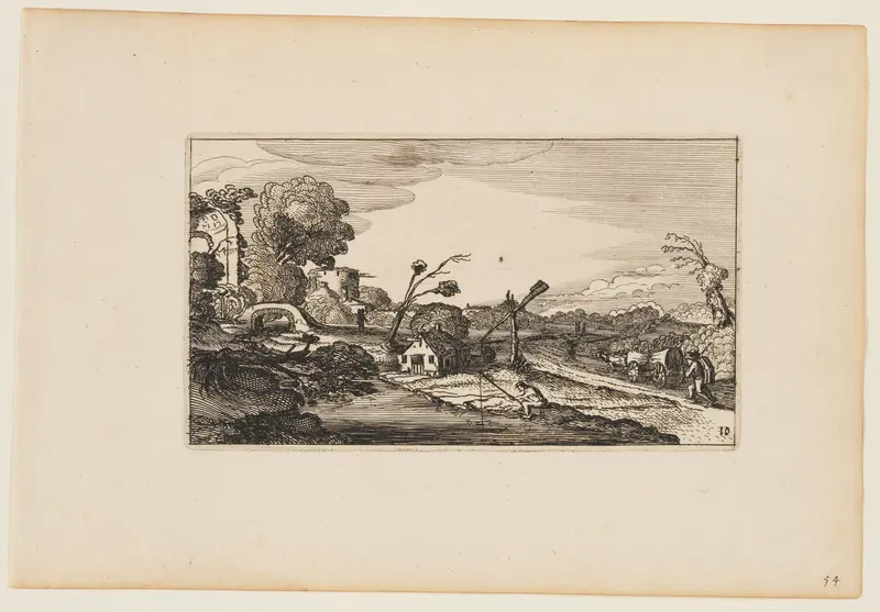 Path to Right of Water; Roman Ruins Beyond at Left, from Twelve landscapes with Figures Wall Art by Gillis van Scheyndel - High-Resolution Digital Print