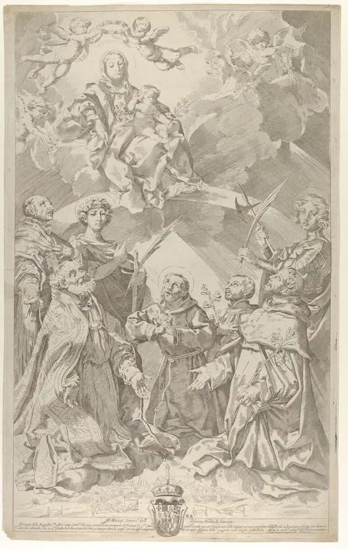Patron saints of Bologna looking upwards at the Virgin who is seated in the clouds with the infant Christ on her lap Wall Art by Flaminio Torre (Torri) - High-Resolution Digital Print