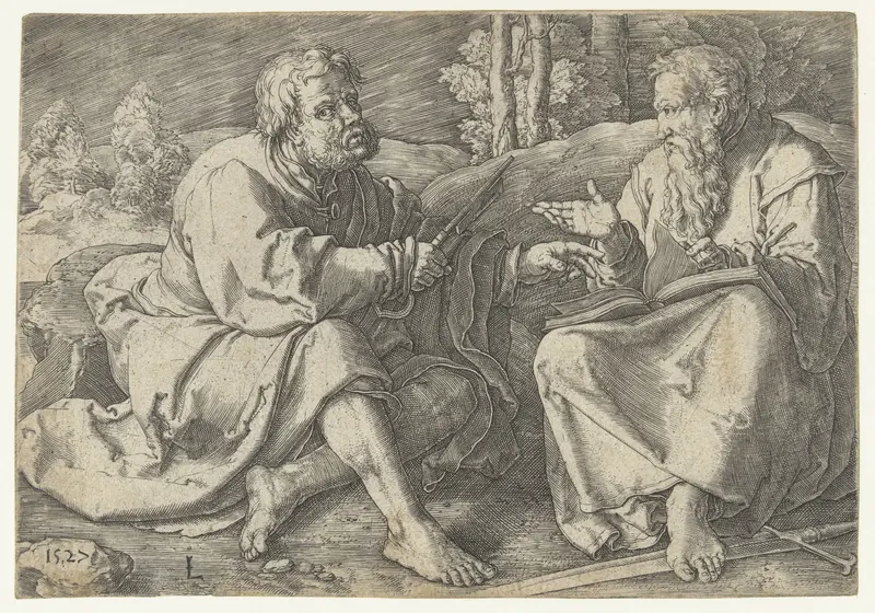 Paulus en Petrus zittend in een landschap Wall Art by Unknown - High-Resolution Digital Print