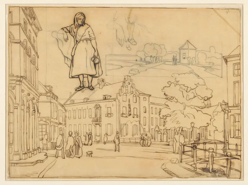 Paushuize te Utrecht en schetsen van staande vrouw en landschap Wall Art by Frederik Hendrik Weissenbruch - High-Resolution Digital Print