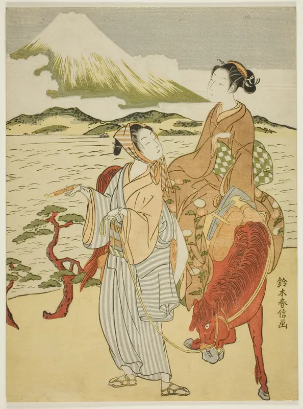 Pausing to admire Mt. Fuji (parody of Ariwara no Narihira's journey to the east)