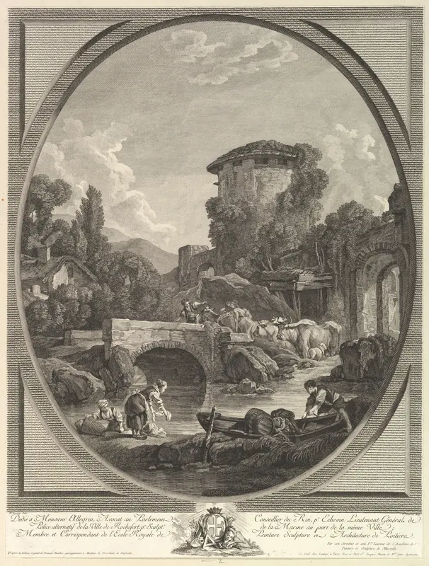 Paysage au Pont et au Pigeonnier (Landscape with a Bridge and a Dovecote) Wall Art by Pierre François Laurent - High-Resolution Digital Print