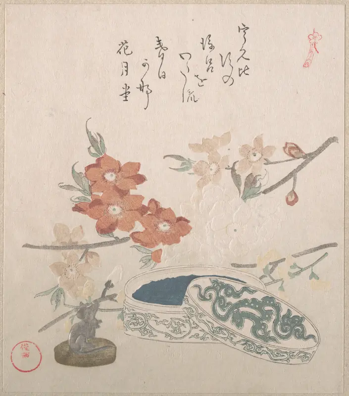 Peach Blossoms, a Seal and a Seal-box Wall Art by Kubo Shunman - High-Resolution Digital Print