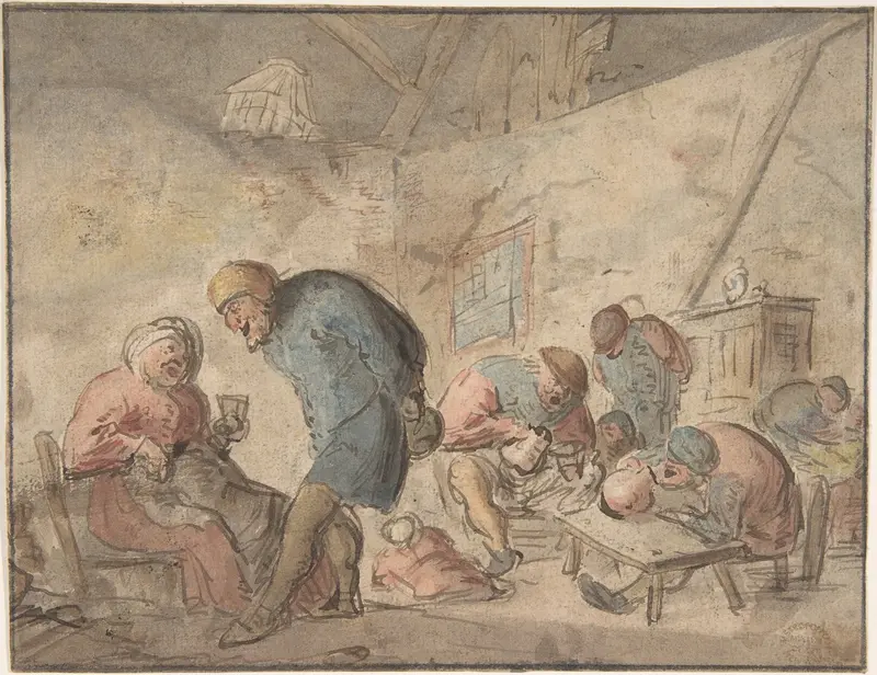 Peasants Drinking, verso: sketches of peasants Wall Art by Adriaen van Ostade - High-Resolution Digital Print