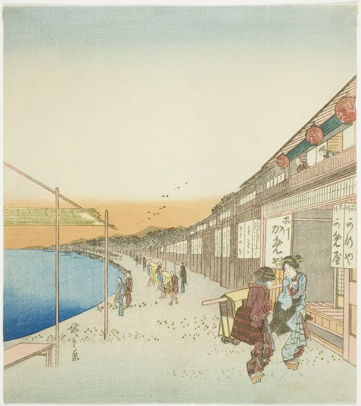 Pedestrians and Shops by the Harbor of Shinagawa