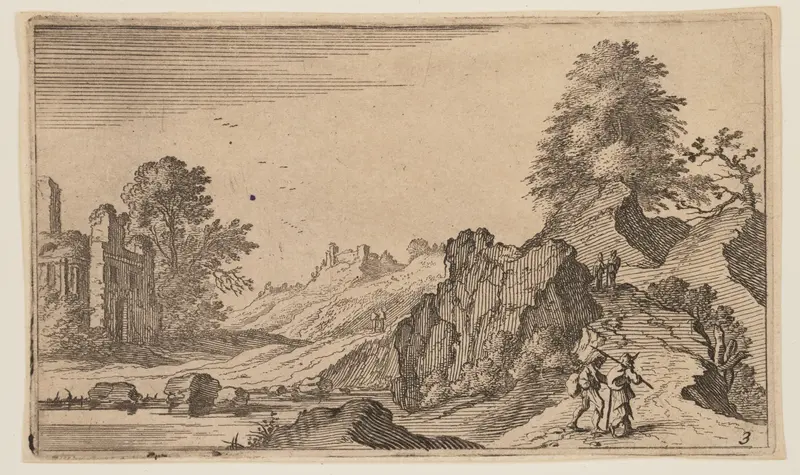 Pedestrians on a Path by Rocks, Ruins beyond Water at Left, from Twelve Landscapes Wall Art by Gillis van Scheyndel - High-Resolution Digital Print